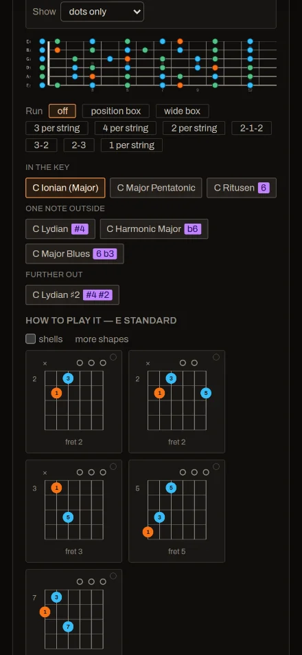 ChordLoop on a phone: the fretboard and the scales that fit the chord the loop is on.