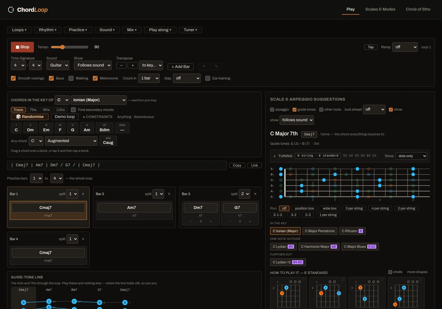 ChordLoop playing a Cmaj7–Am7–Dm7–G7 loop: the chord grid on the left, and on the right the scales that fit, the fretboard with the chord tones lit, and chord shapes underneath.